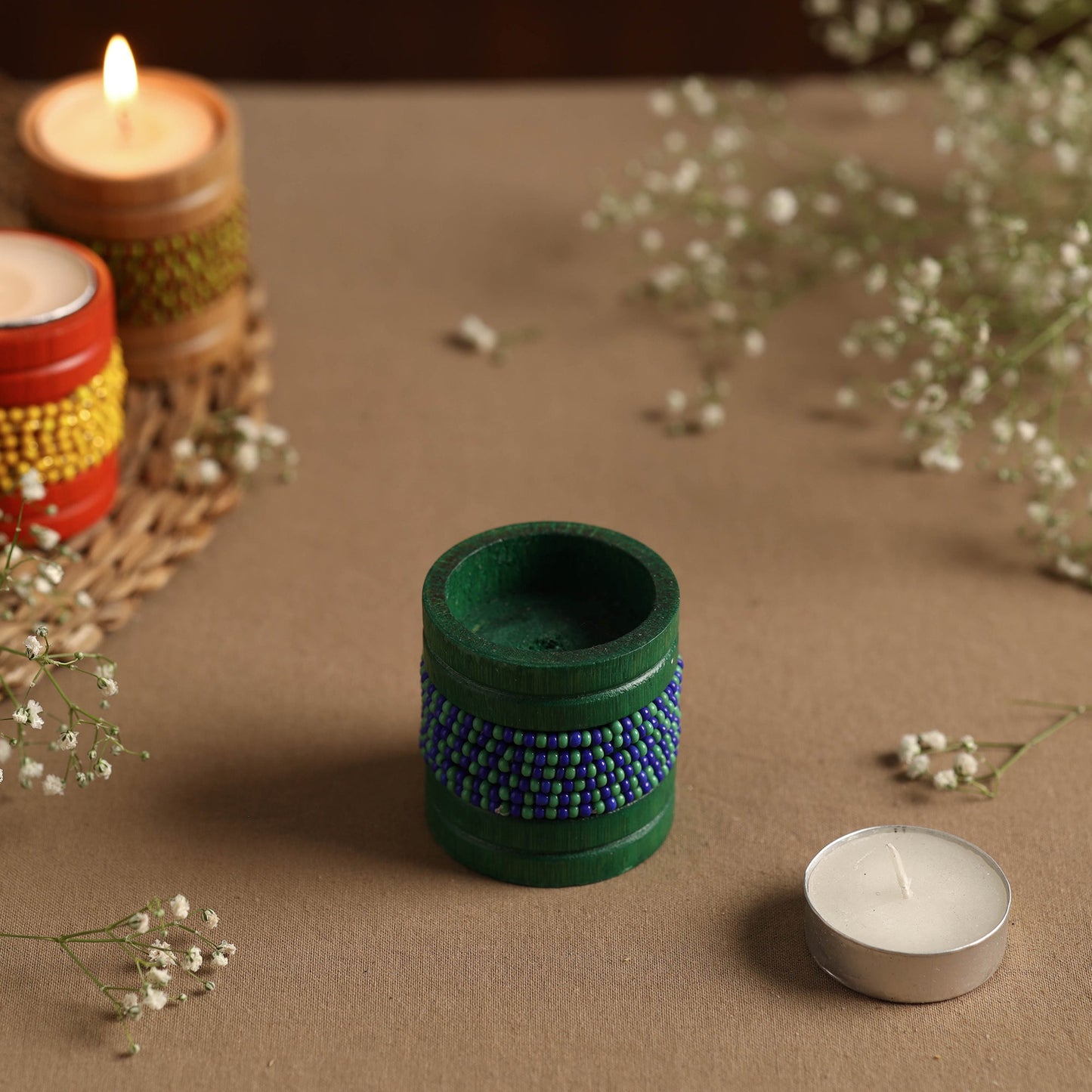 Handmade Bead Work Natural Bamboo Tealight Candle Holder Online in India l iTokri.com