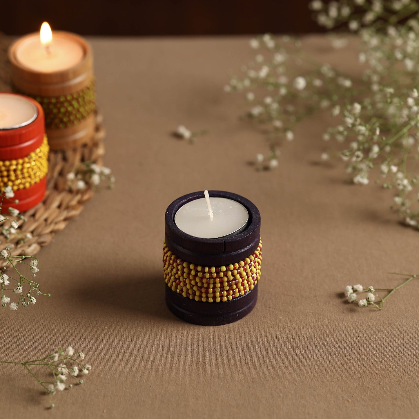 Handmade Bead Work Natural Bamboo Tealight Candle Holder Online in India l iTokri.com