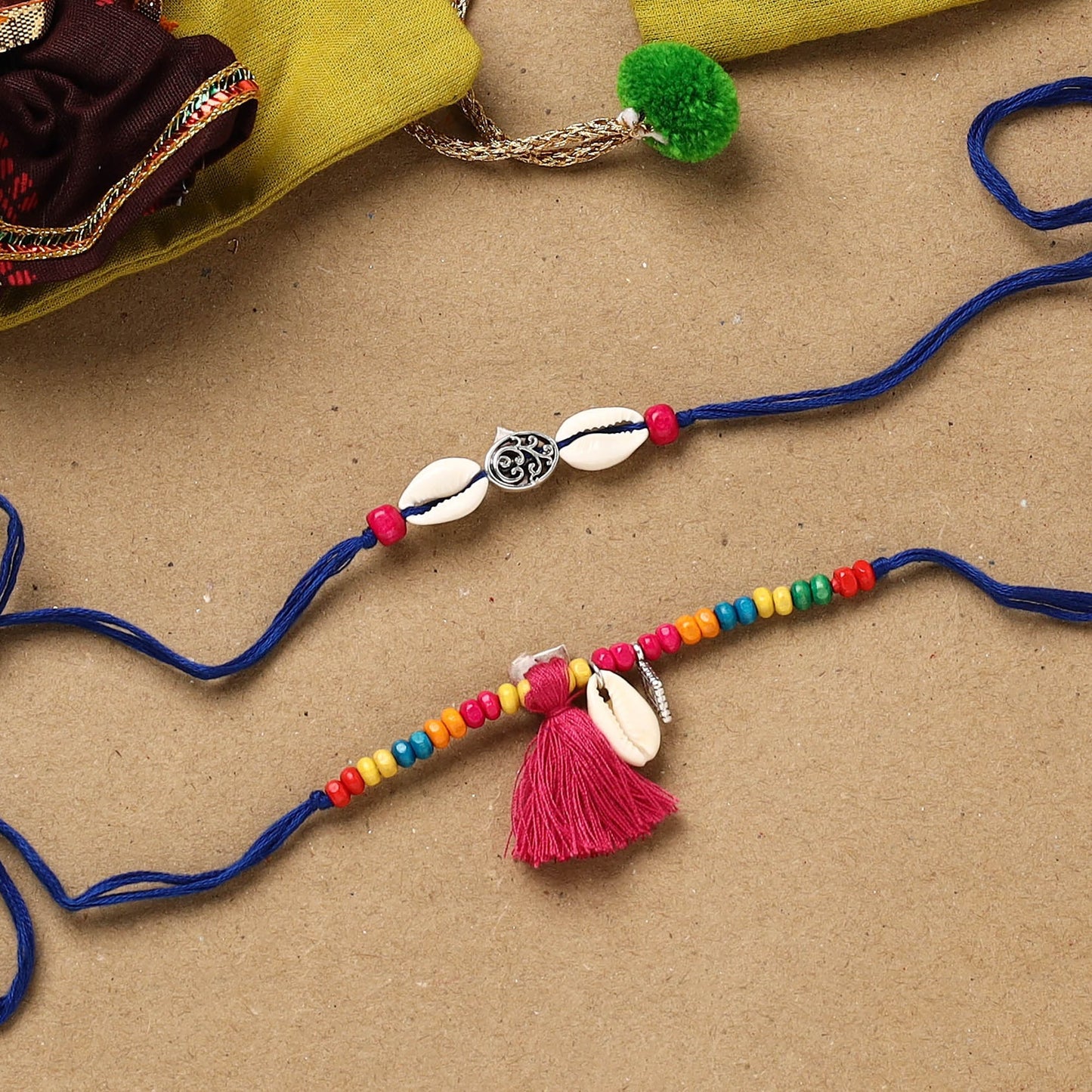 Handmade beads shell work rakhi & lumba set 119