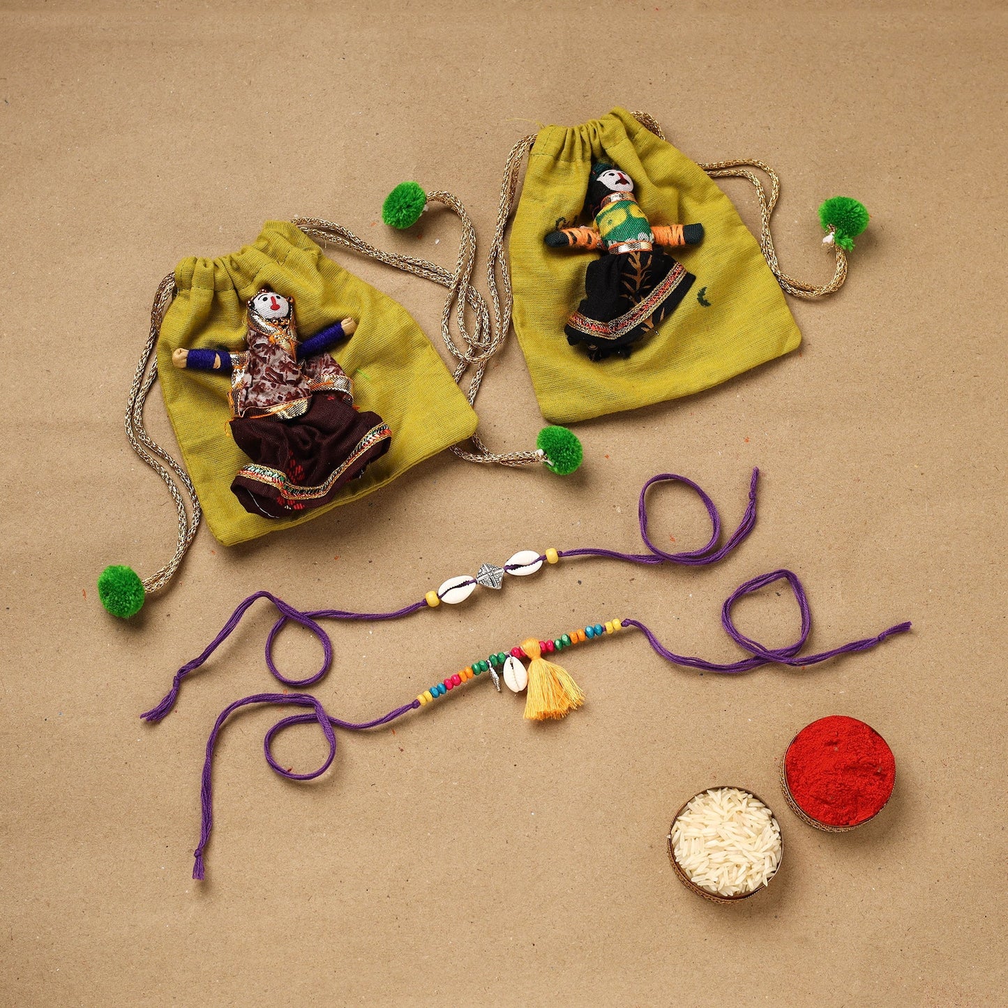 Handmade beads shell work rakhi & lumba set 122