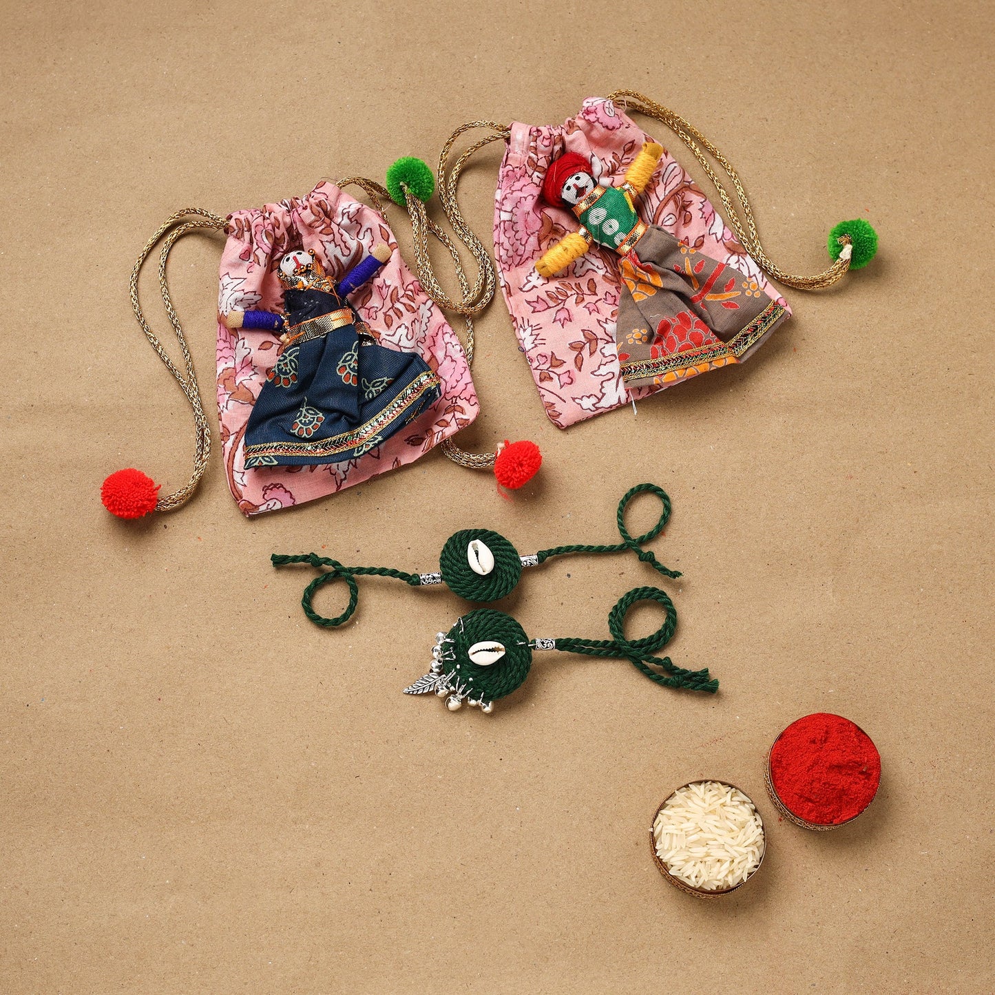 Handmade beads shell work rakhi & lumba set 129