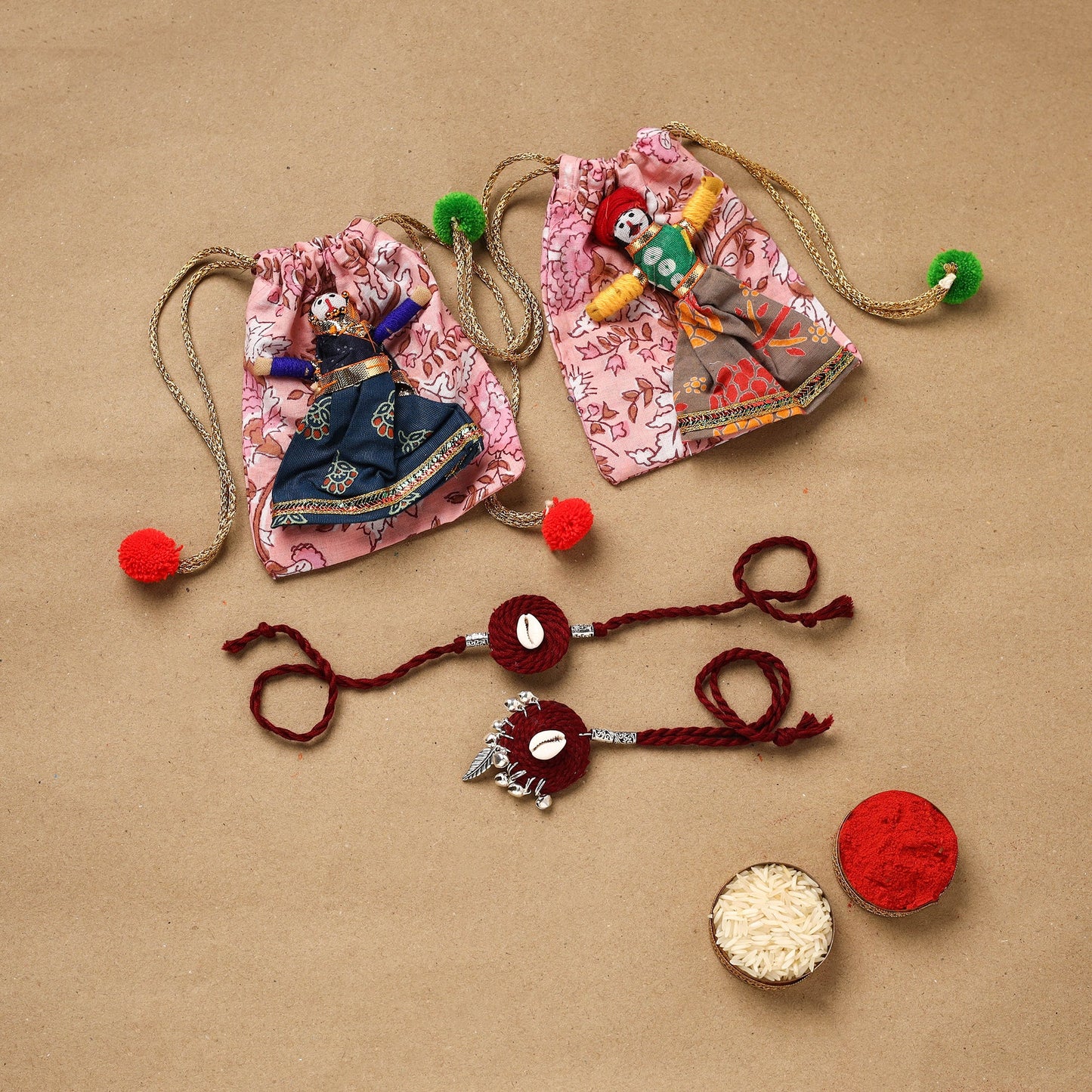 Handmade beads shell work rakhi & lumba set 131