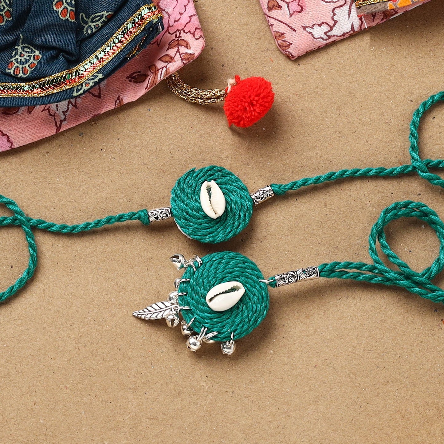 Handmade beads shell work rakhi & lumba set 132