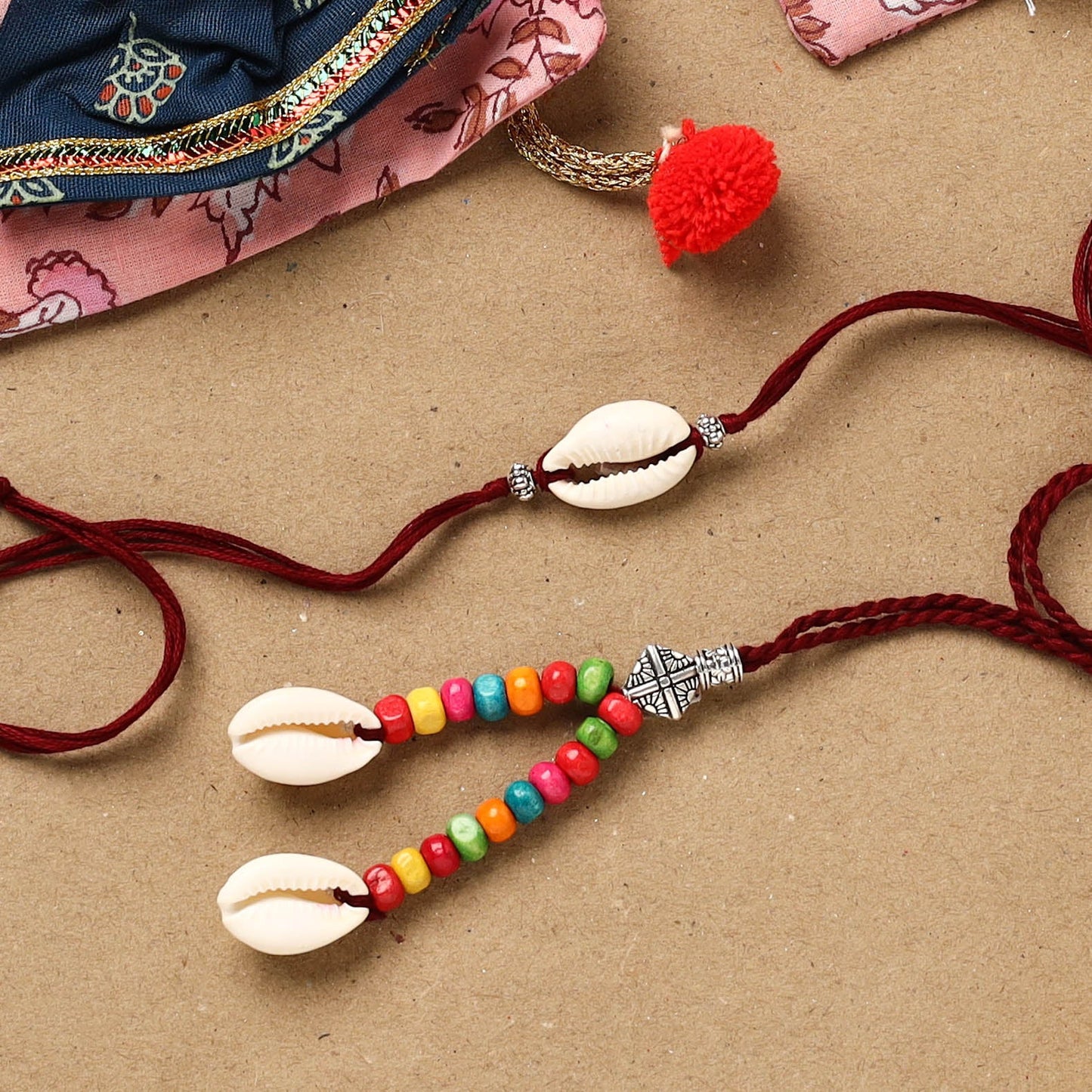 Handmade beads shell work rakhi & lumba set 135