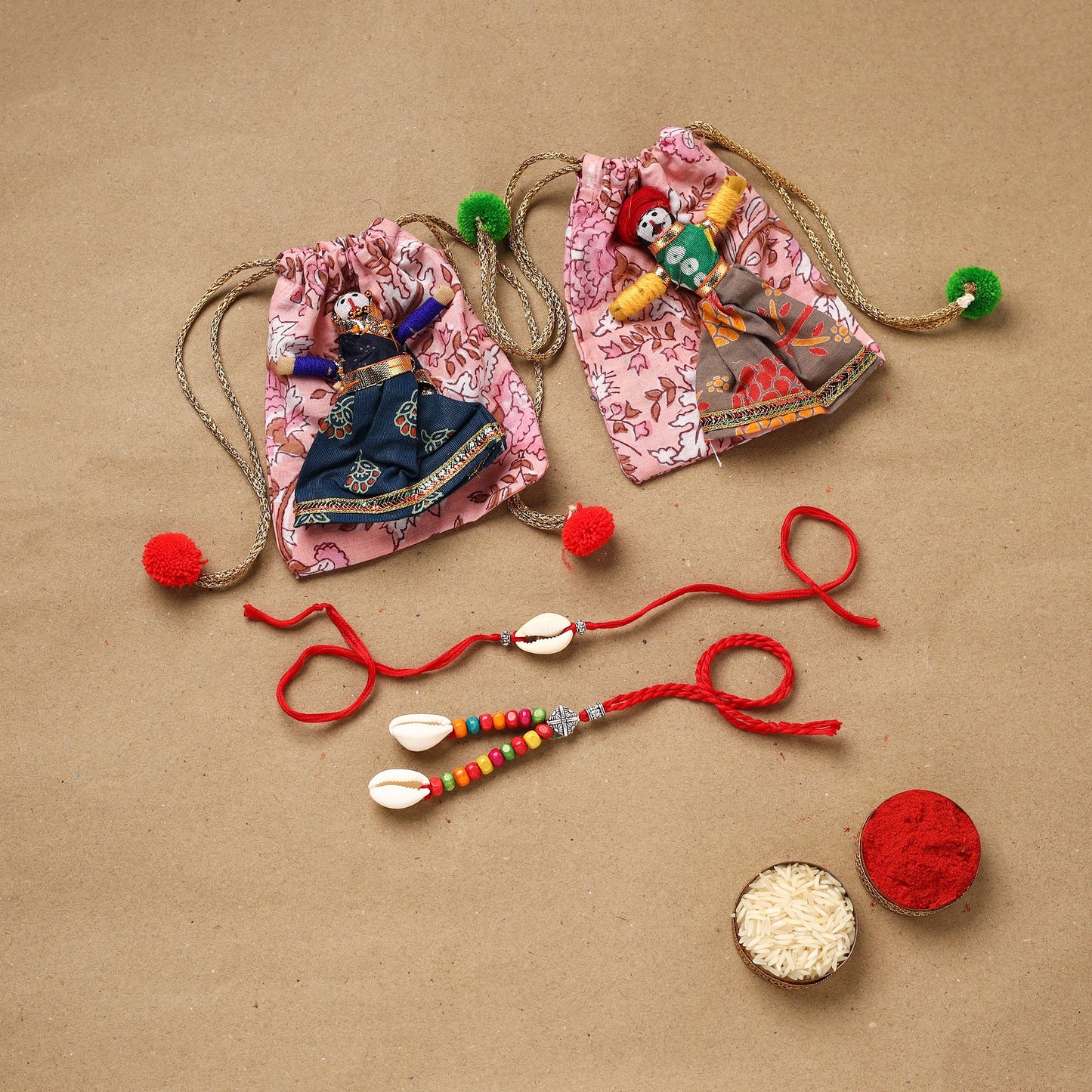Handmade beads shell work rakhi & lumba set 137