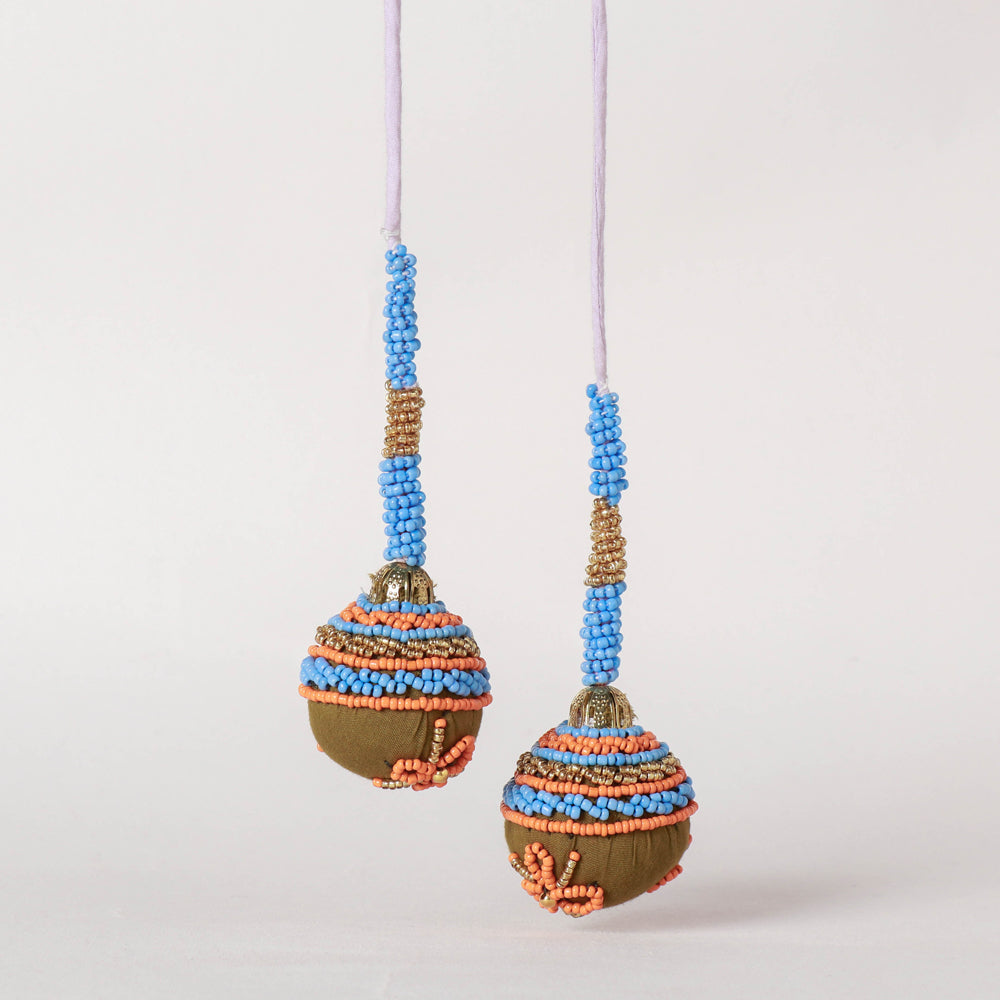 Handmade Blue and Orange Beadwork Latkan Tassels