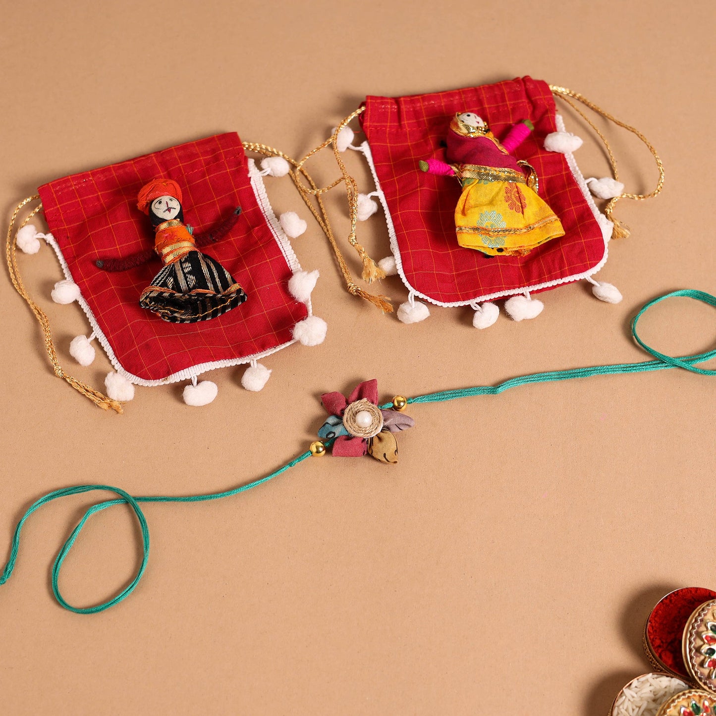 Handmade Fabric Flower Jute Rakhi & Lumba Set