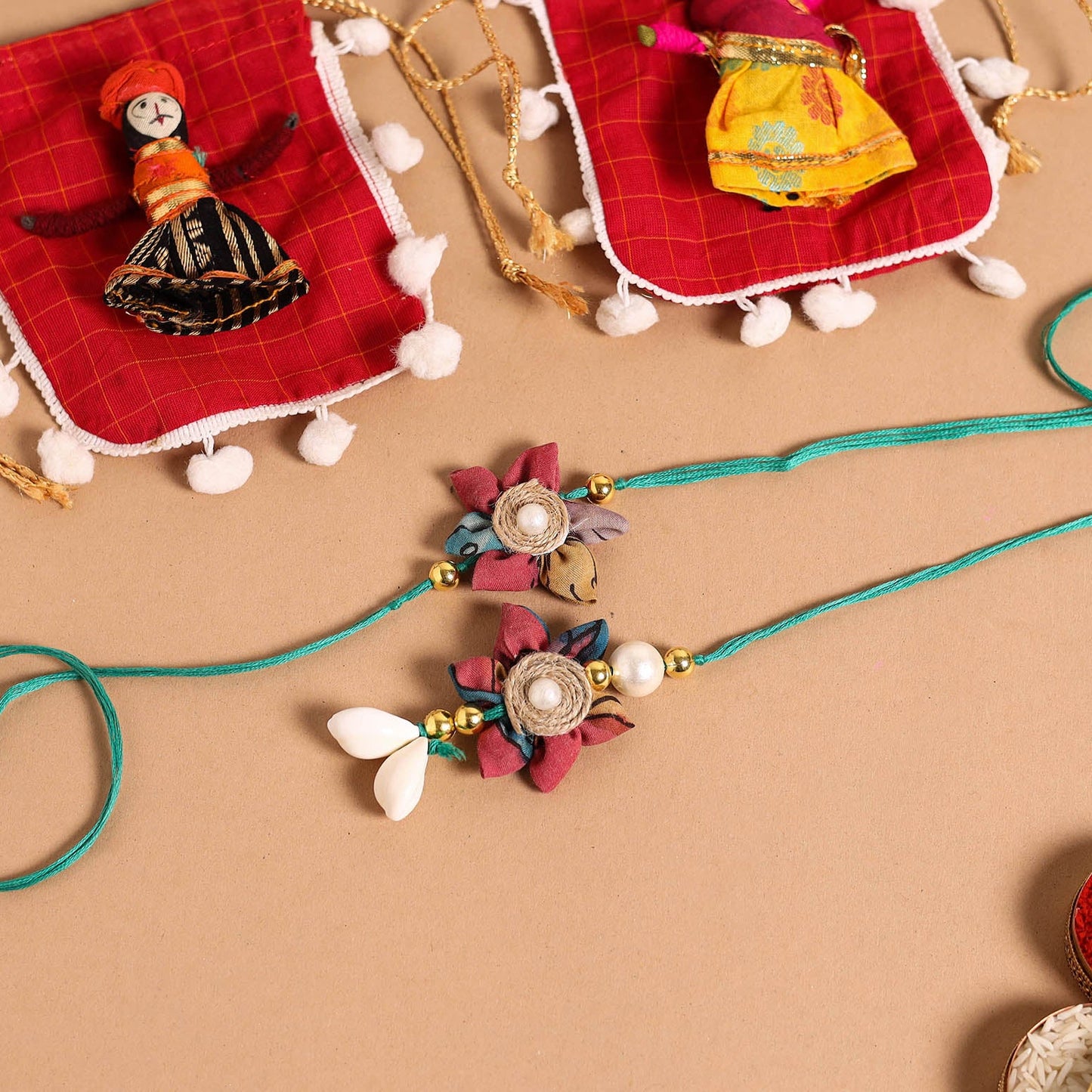 Handmade Fabric Flower Jute Rakhi & Lumba Set