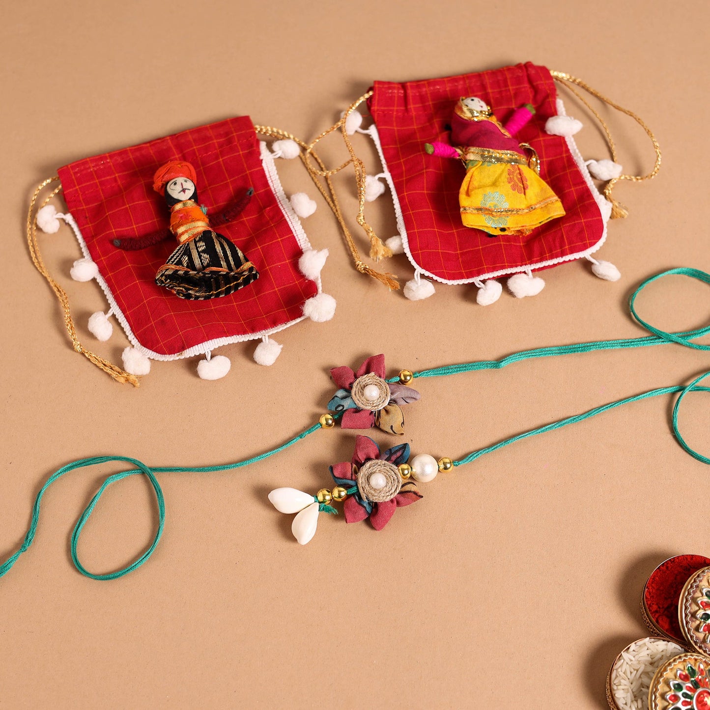 Handmade Fabric Flower Jute Rakhi & Lumba Set
