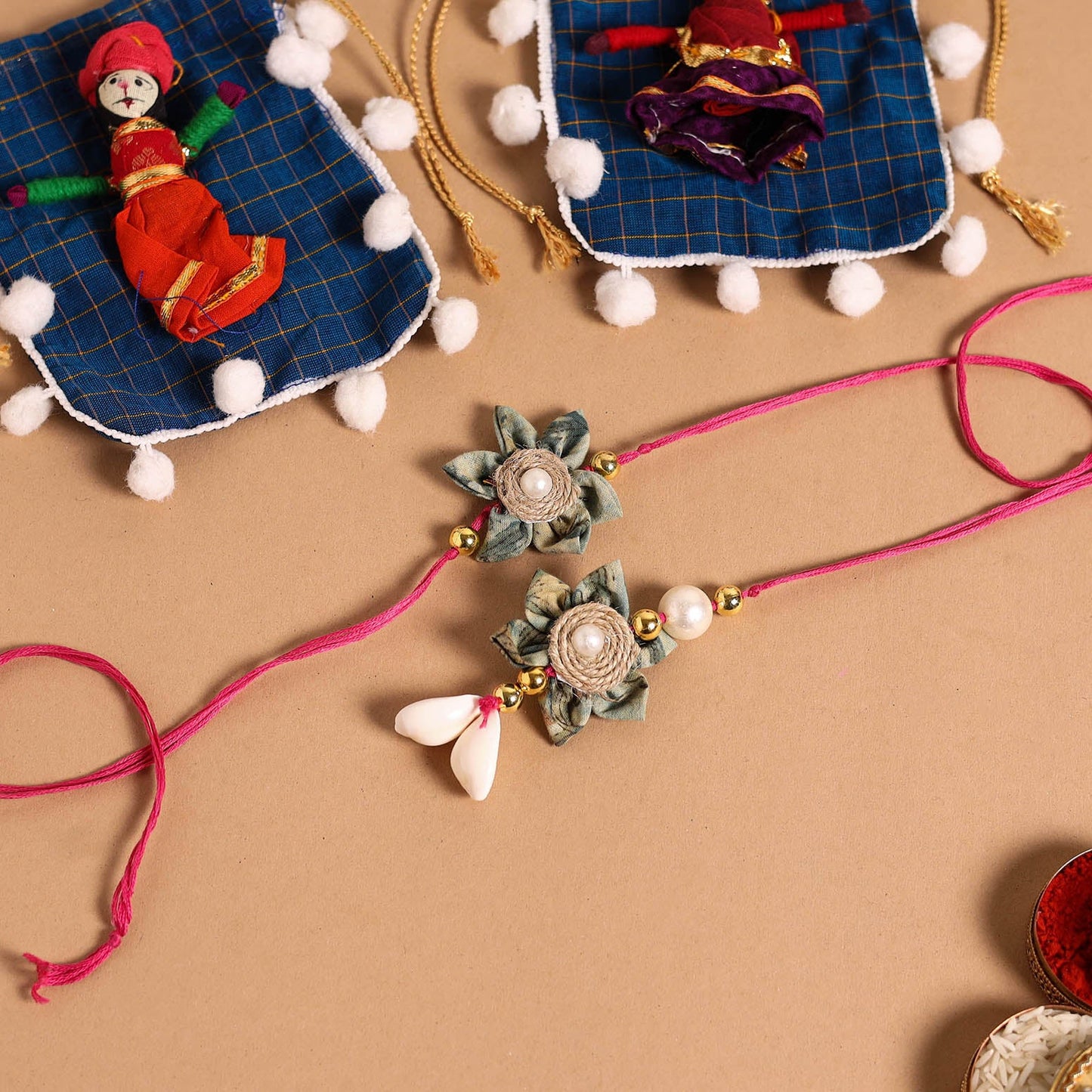 Handmade Fabric Flower Jute Rakhi & Lumba Set