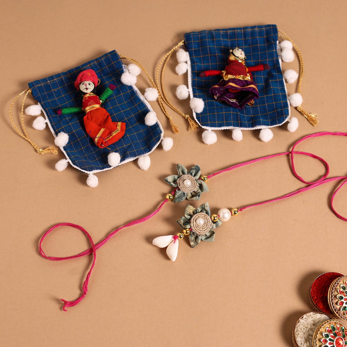 Handmade Fabric Flower Jute Rakhi & Lumba Set