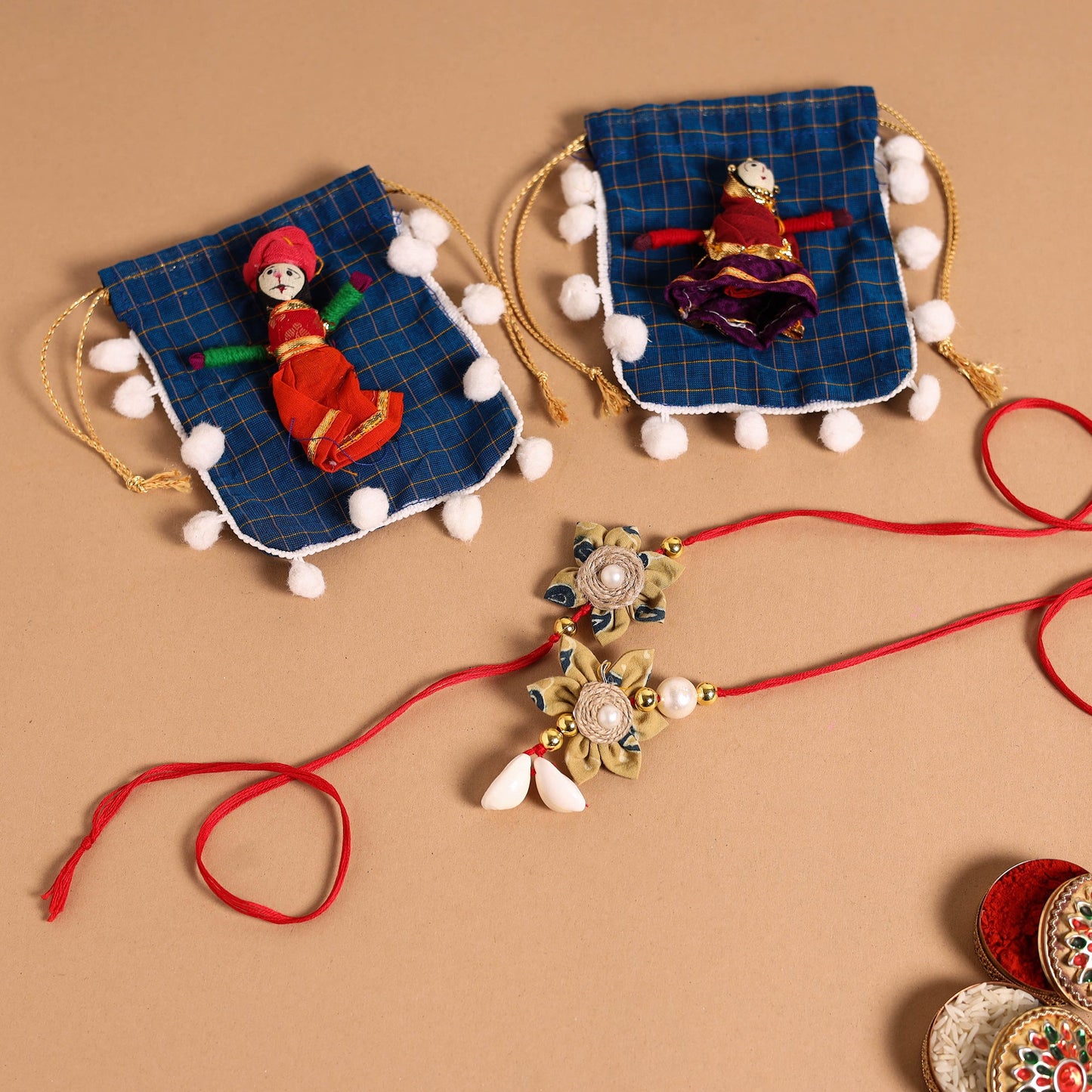 Buy Handmade Fabric Flower Jute Rakhi & Lumba Set