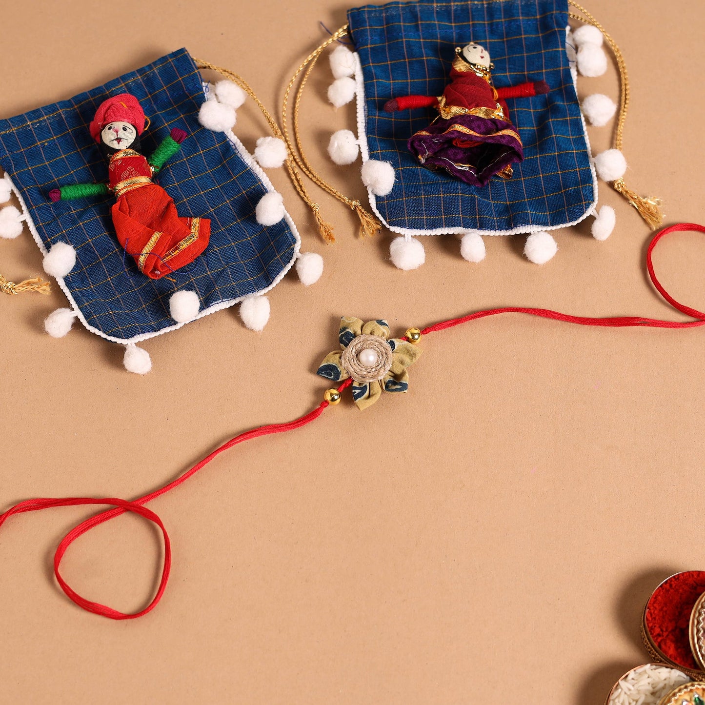 Buy Handmade Fabric Flower Jute Rakhi & Lumba Set