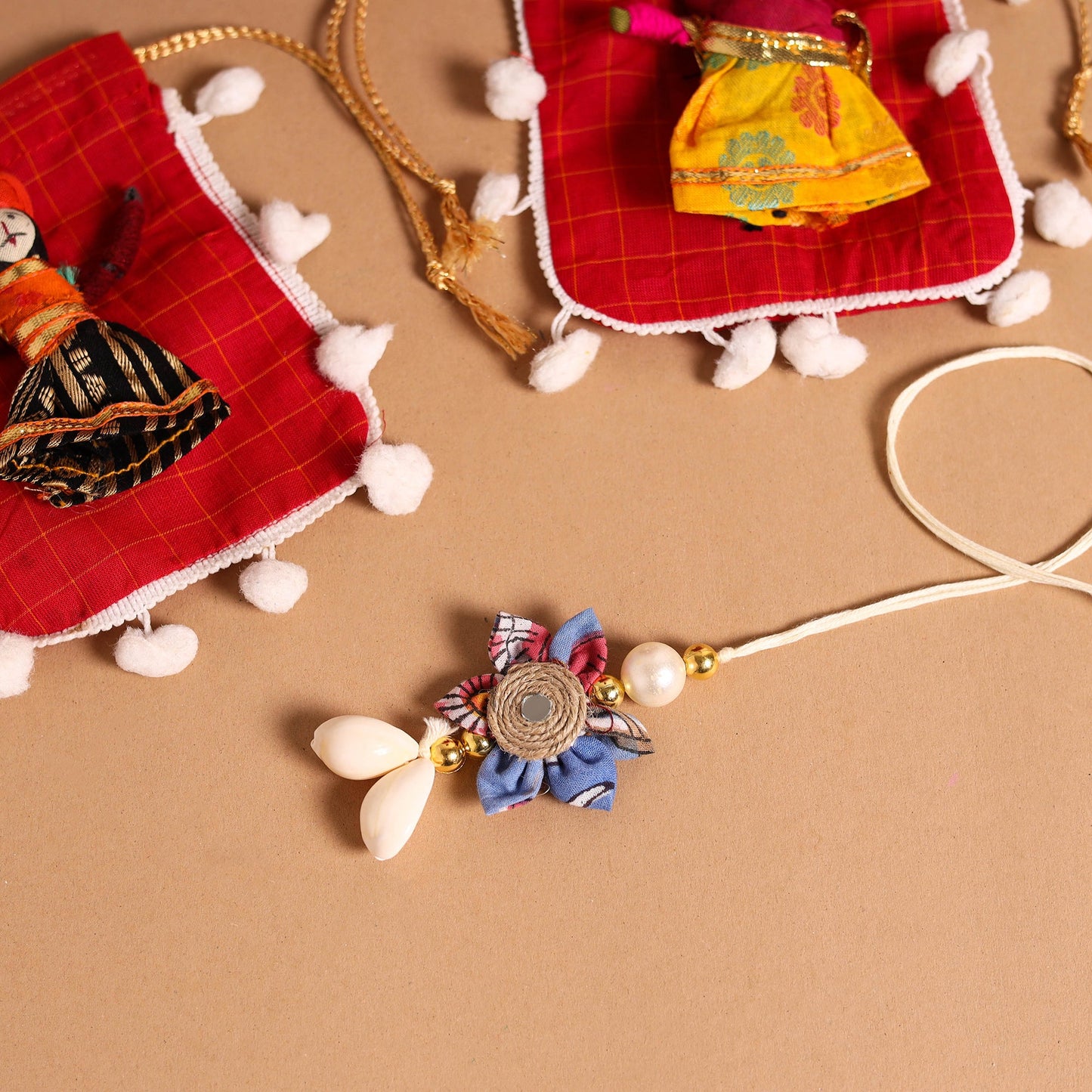 Handmade Fabric Flower Jute Rakhi & Lumba Set