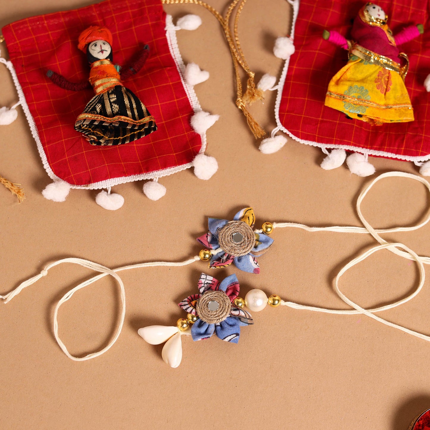 Handmade Fabric Flower Jute Rakhi & Lumba Set