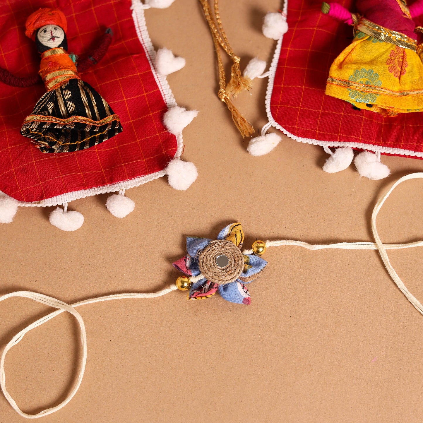 Handmade Fabric Flower Jute Rakhi & Lumba Set