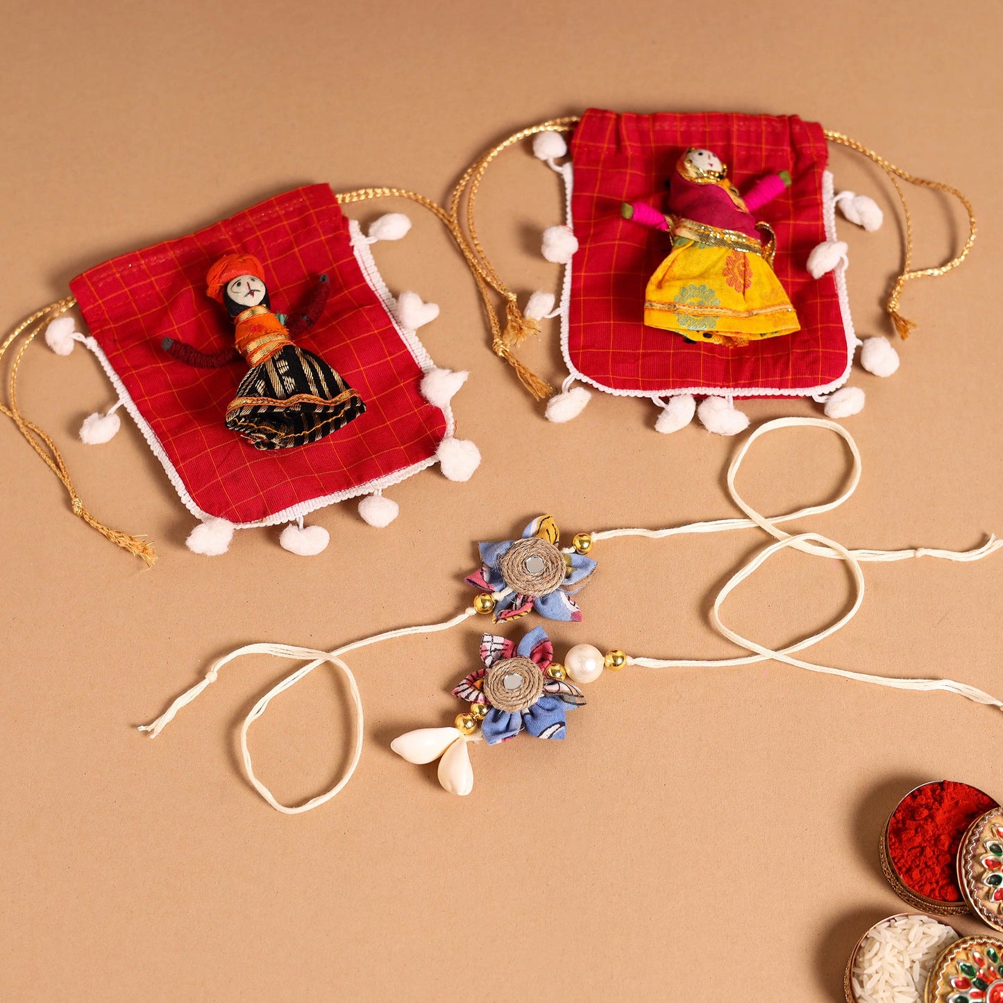 Handmade Fabric Flower Jute Rakhi & Lumba Set