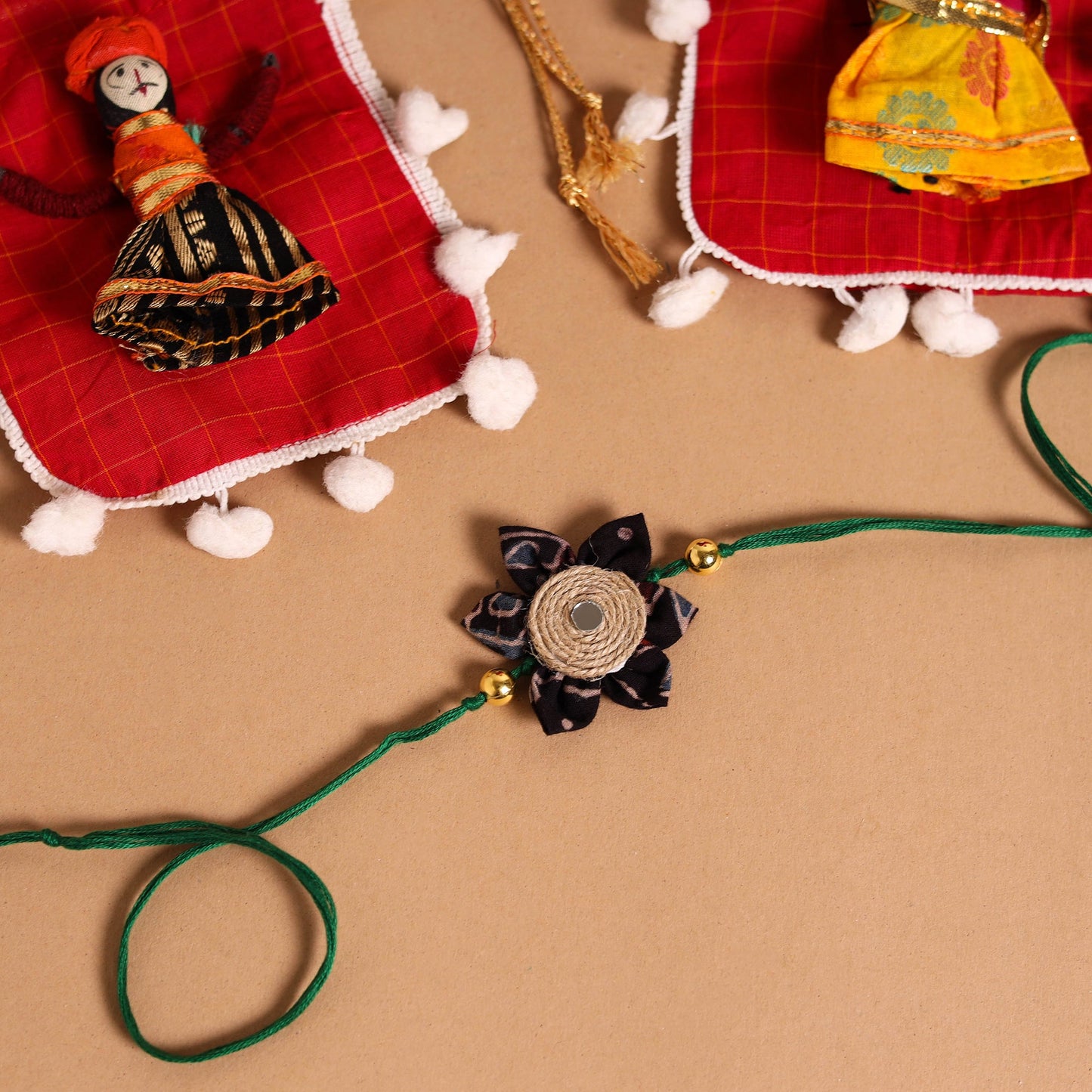 Handmade Fabric Flower Jute Rakhi & Lumba Set