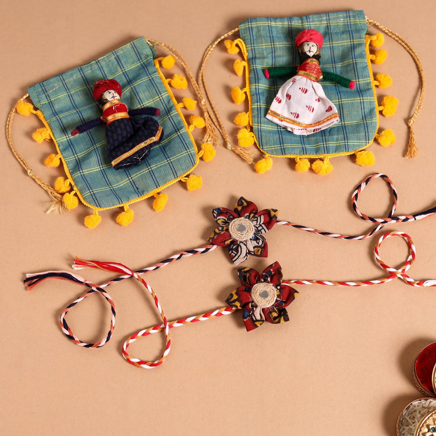 Handmade Fabric Flower Jute Rakhi & Lumba Set