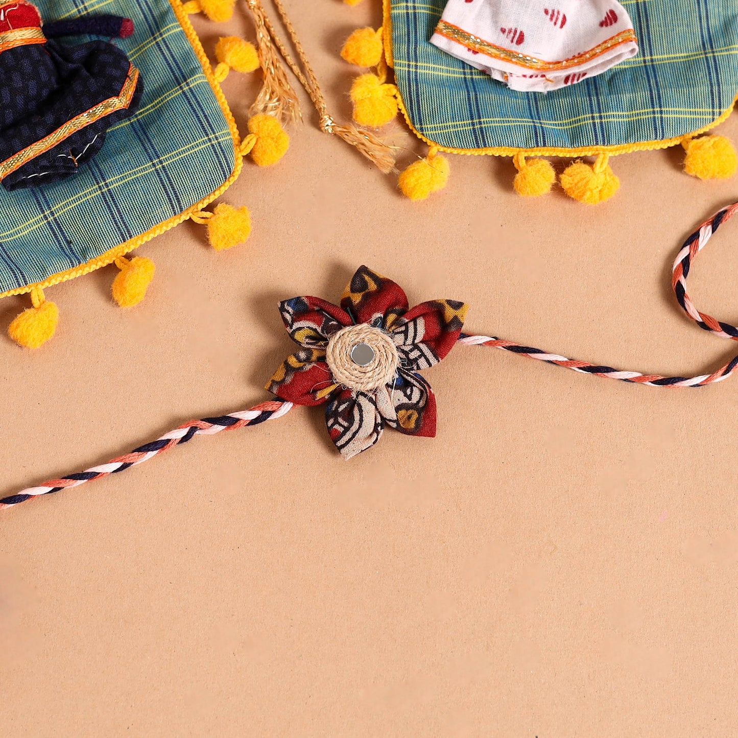 Handmade Fabric Flower Jute Rakhi & Lumba Set