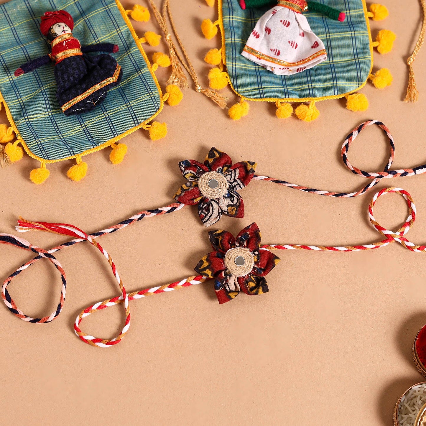 Handmade Fabric Flower Jute Rakhi & Lumba Set