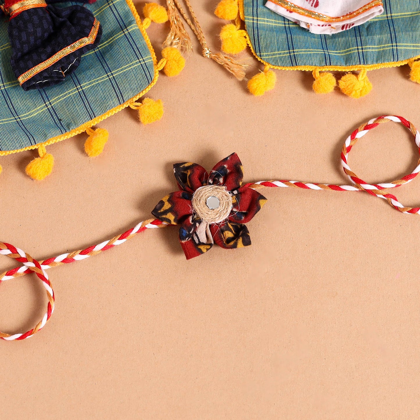 Handmade Fabric Flower Jute Rakhi & Lumba Set