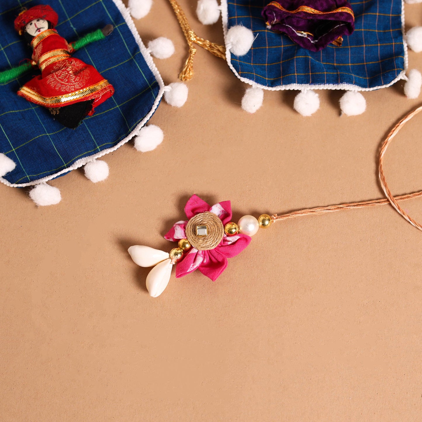 Handmade Fabric Flower Jute Rakhi & Lumba Set