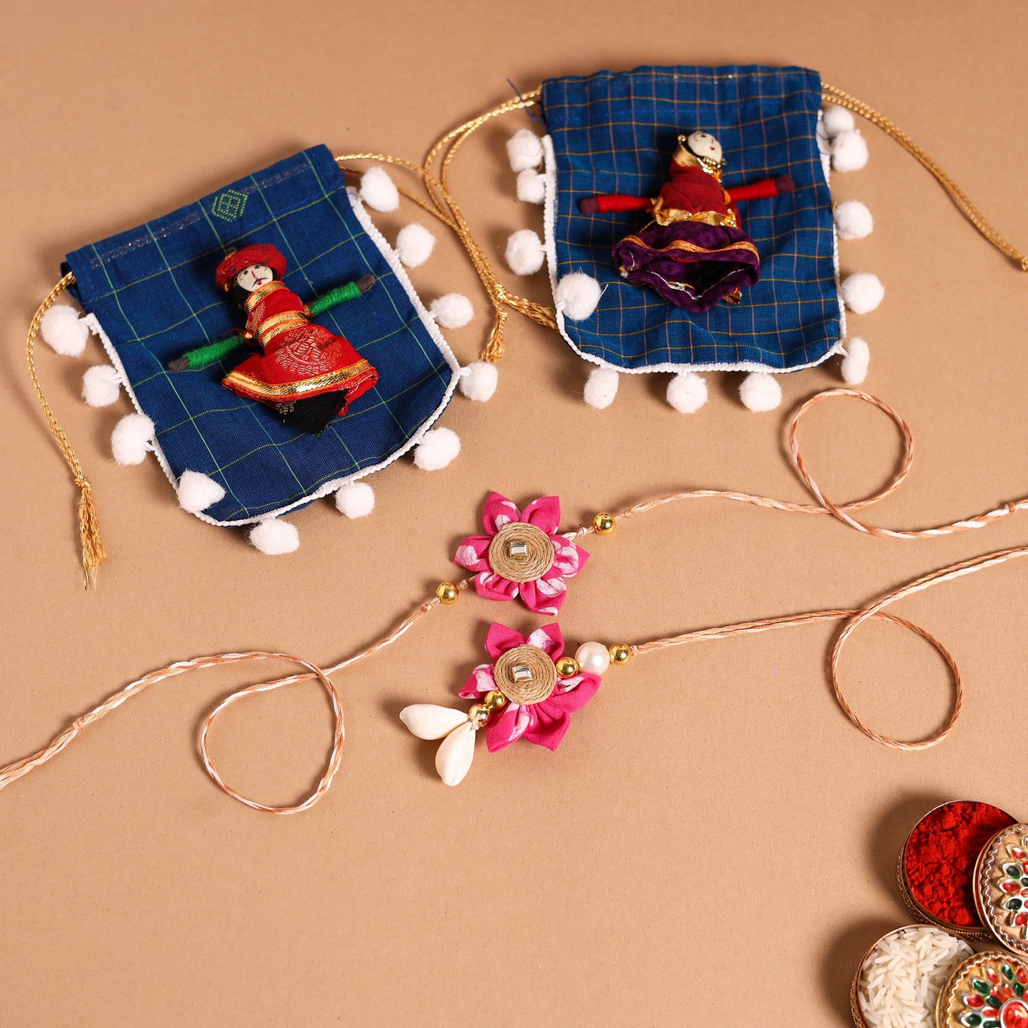Handmade Fabric Flower Jute Rakhi & Lumba Set