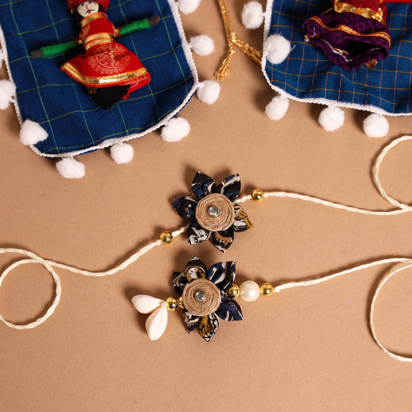 Handmade Fabric Flower Jute Rakhi & Lumba Set