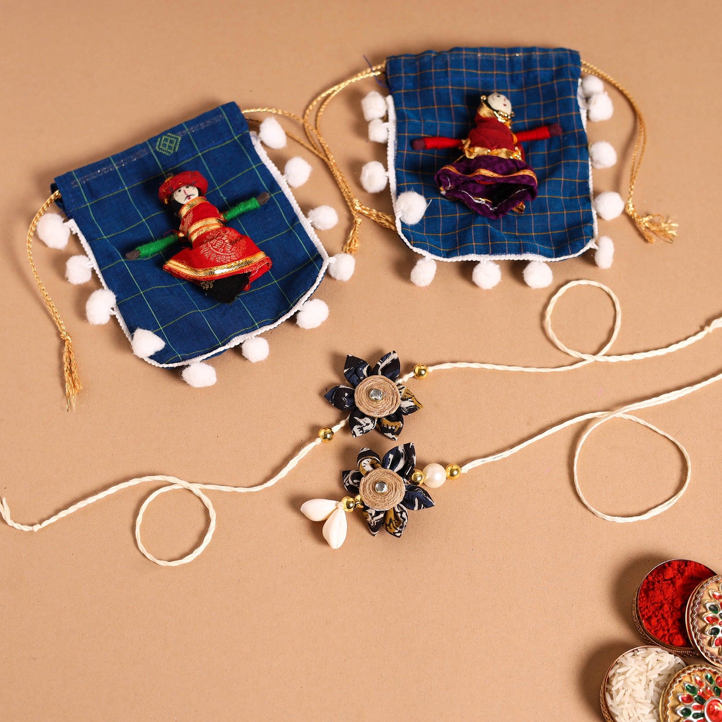 Handmade Fabric Flower Jute Rakhi & Lumba Set