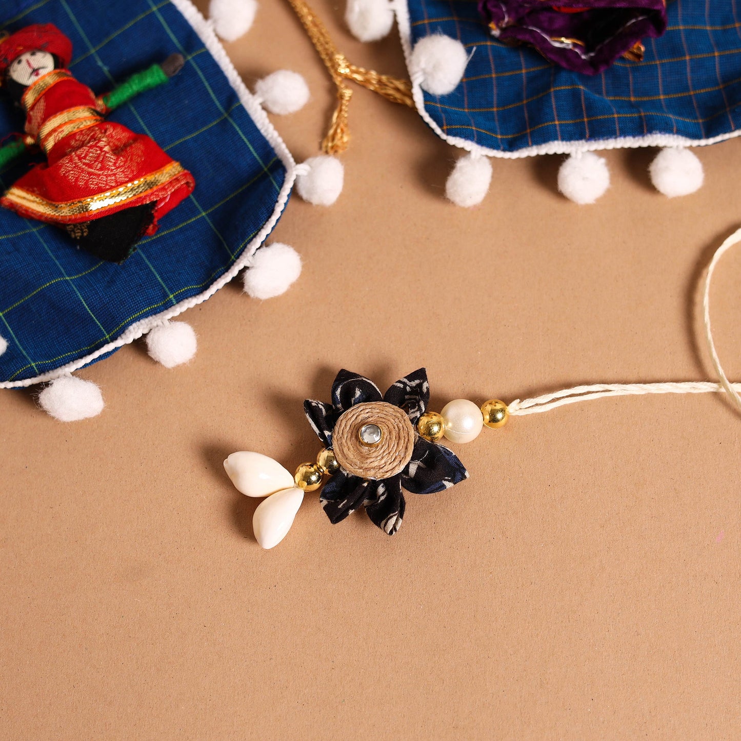 Handmade Fabric Flower Jute Rakhi & Lumba Set