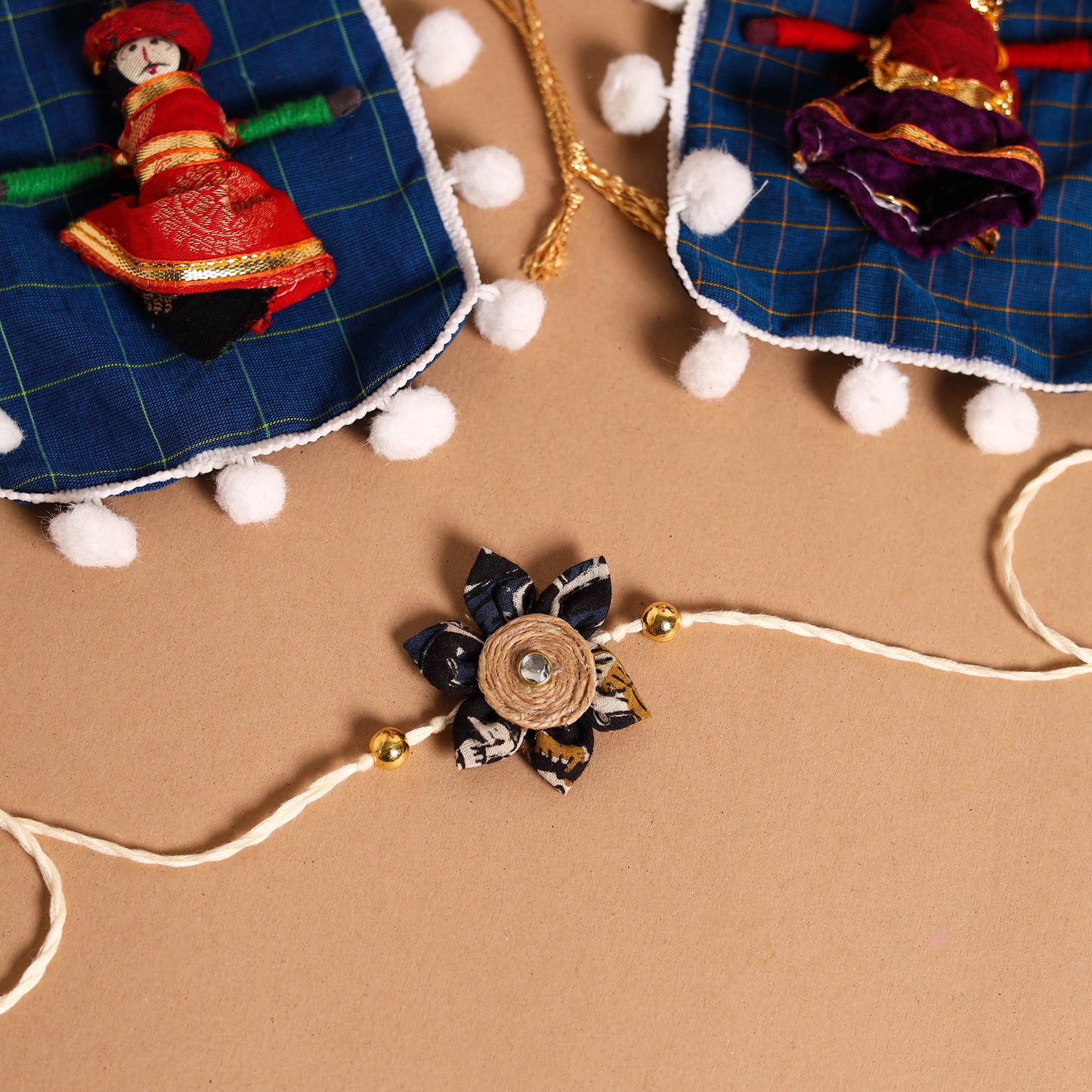 Handmade Fabric Flower Jute Rakhi & Lumba Set