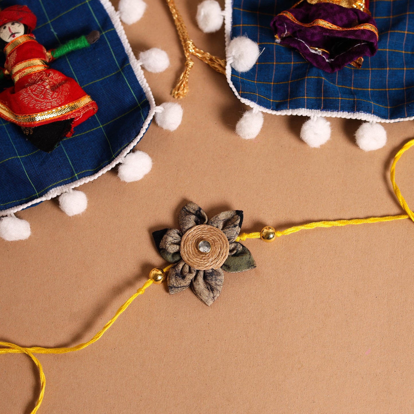 Handmade Fabric Flower Jute Rakhi & Lumba Set
