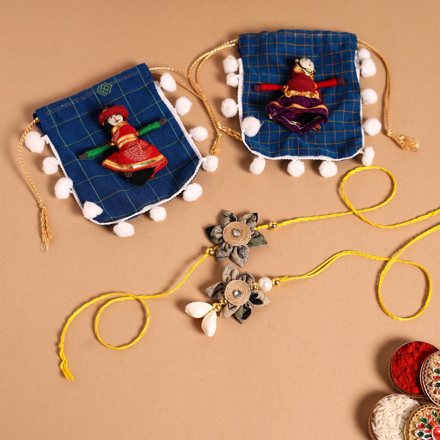 Handmade Fabric Flower Jute Rakhi & Lumba Set