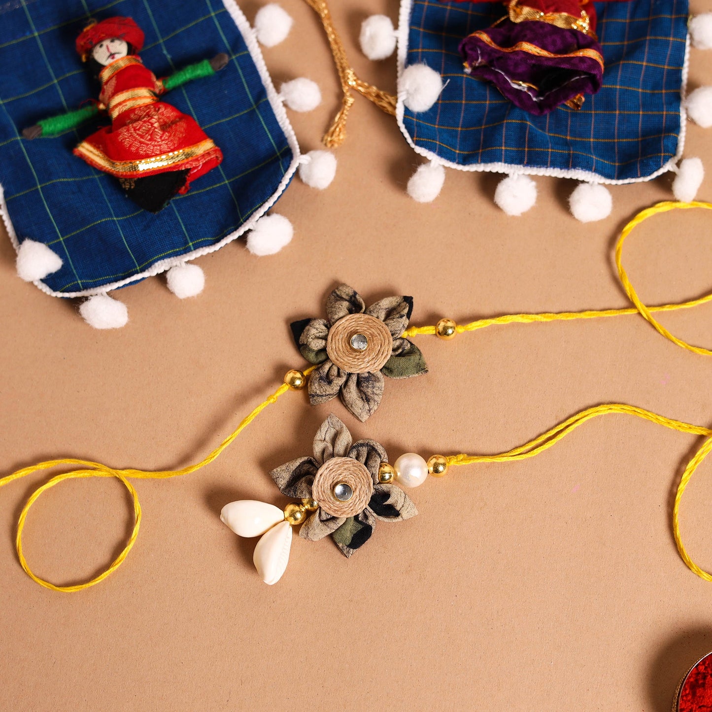 Handmade Fabric Flower Jute Rakhi & Lumba Set