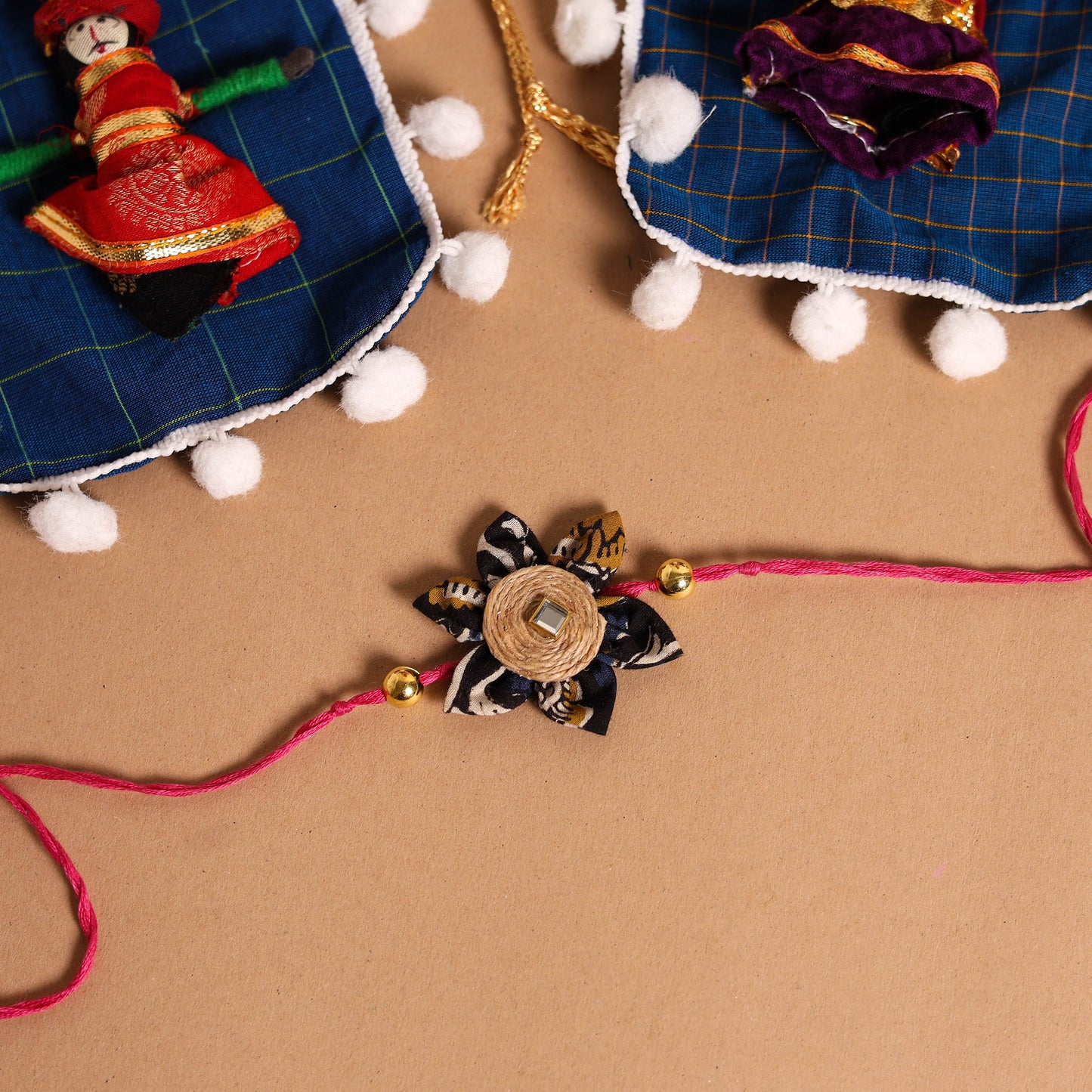 Handmade Fabric Flower Jute Rakhi & Lumba Set