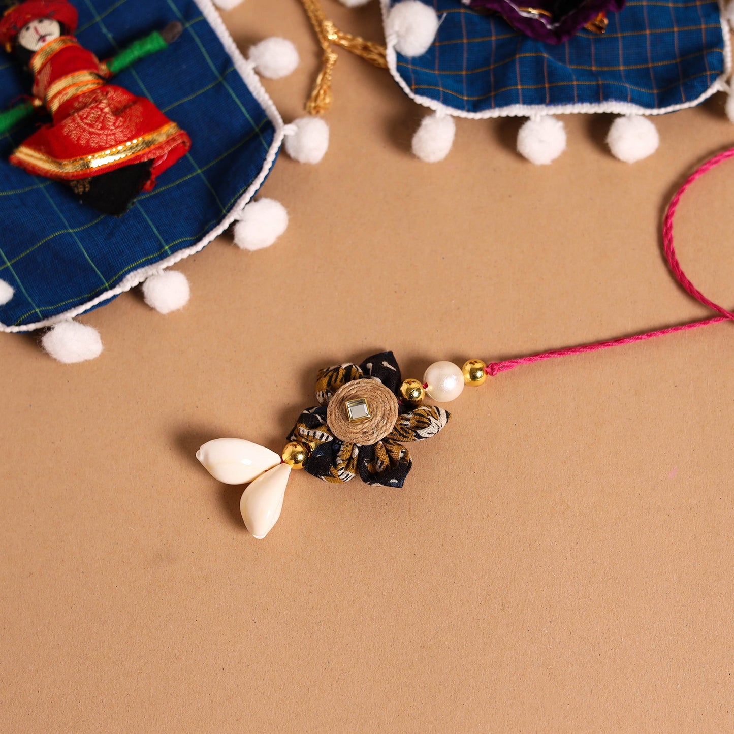 Handmade Fabric Flower Jute Rakhi & Lumba Set