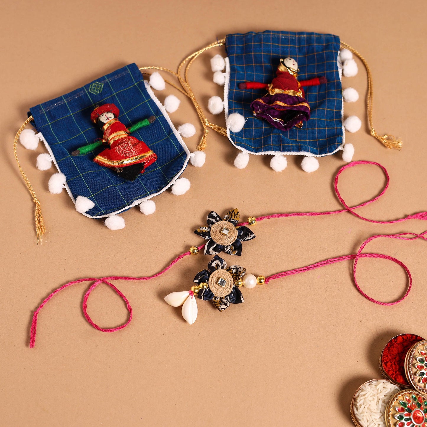 Handmade Fabric Flower Jute Rakhi & Lumba Set