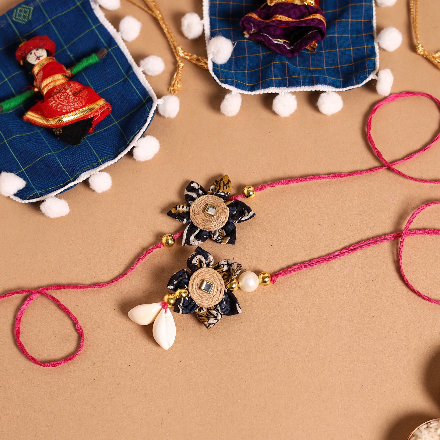 Handmade Fabric Flower Jute Rakhi & Lumba Set