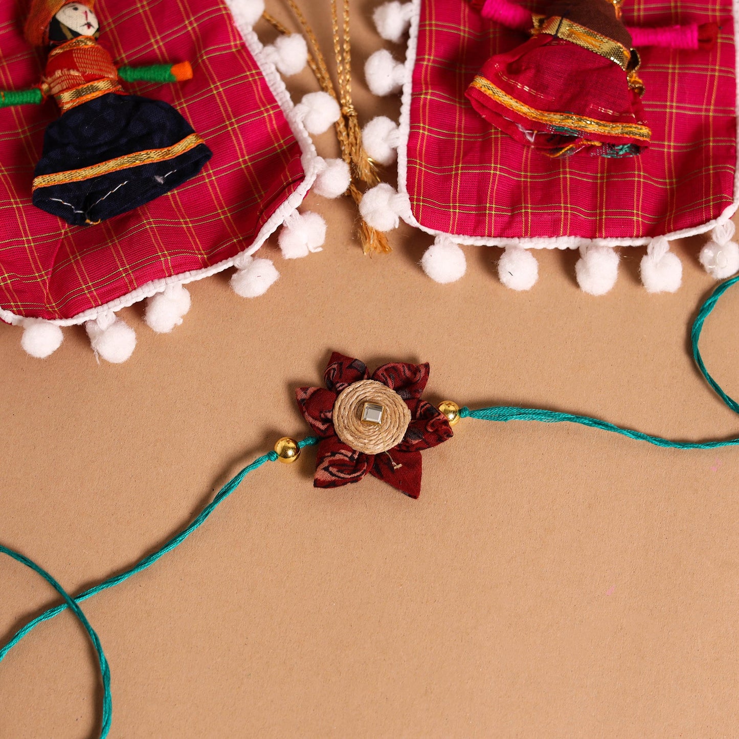 Handmade Fabric Flower Jute Rakhi & Lumba Set