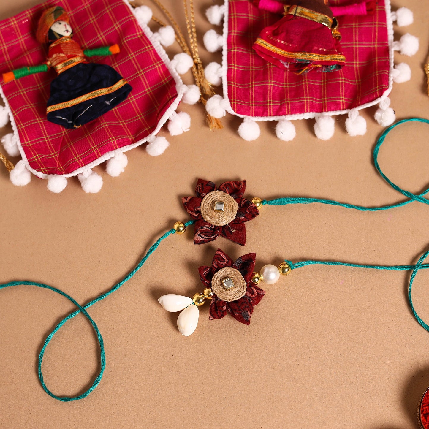 Handmade Fabric Flower Jute Rakhi & Lumba Set