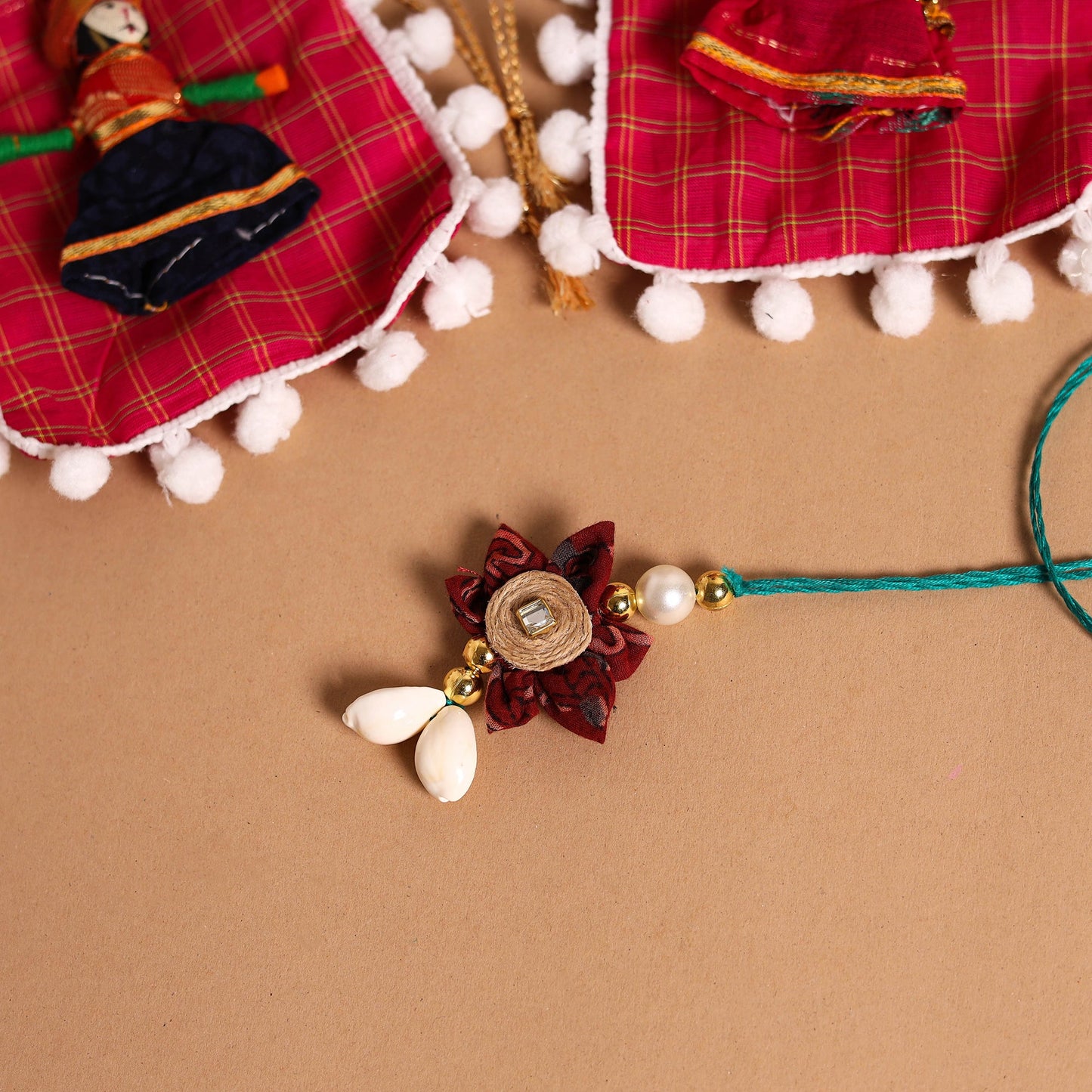 Handmade Fabric Flower Jute Rakhi & Lumba Set