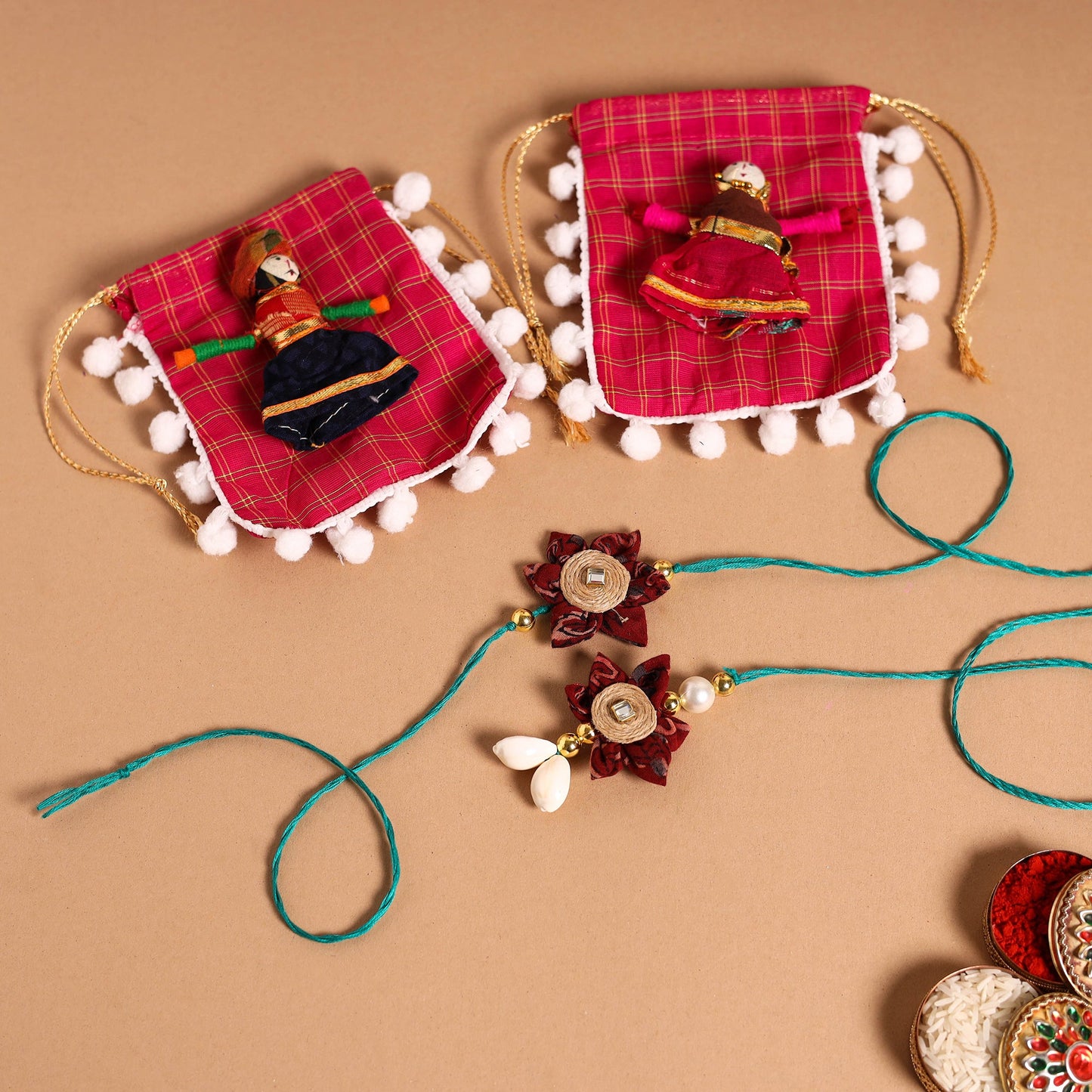 Handmade Fabric Flower Jute Rakhi & Lumba Set