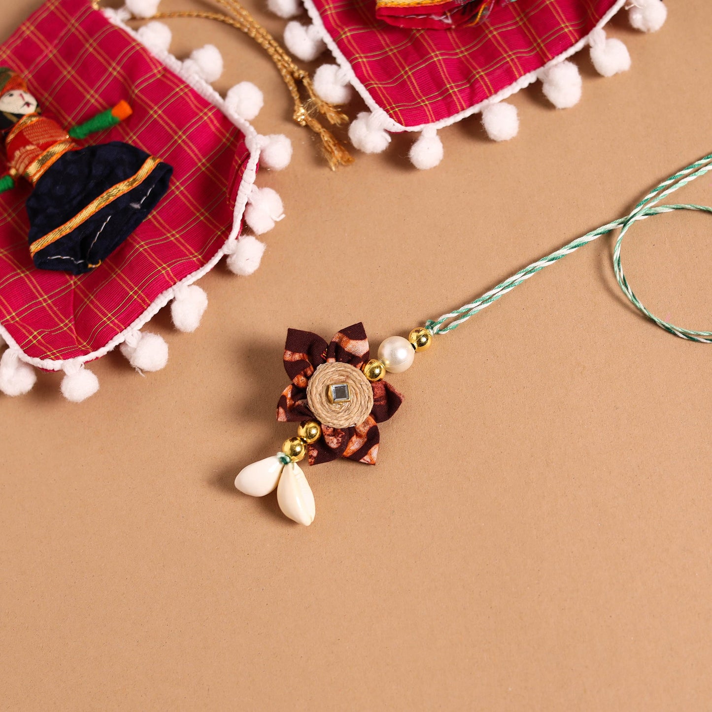 Handmade Fabric Flower Jute Rakhi & Lumba Set