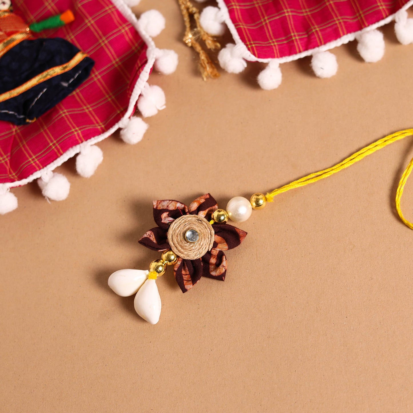 Handmade Fabric Flower Jute Rakhi & Lumba Set