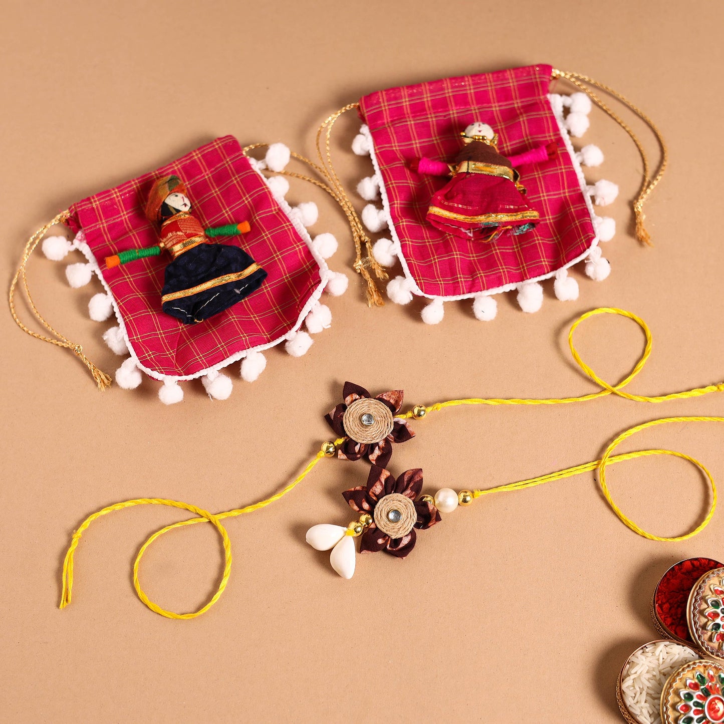 Handmade Fabric Flower Jute Rakhi & Lumba Set