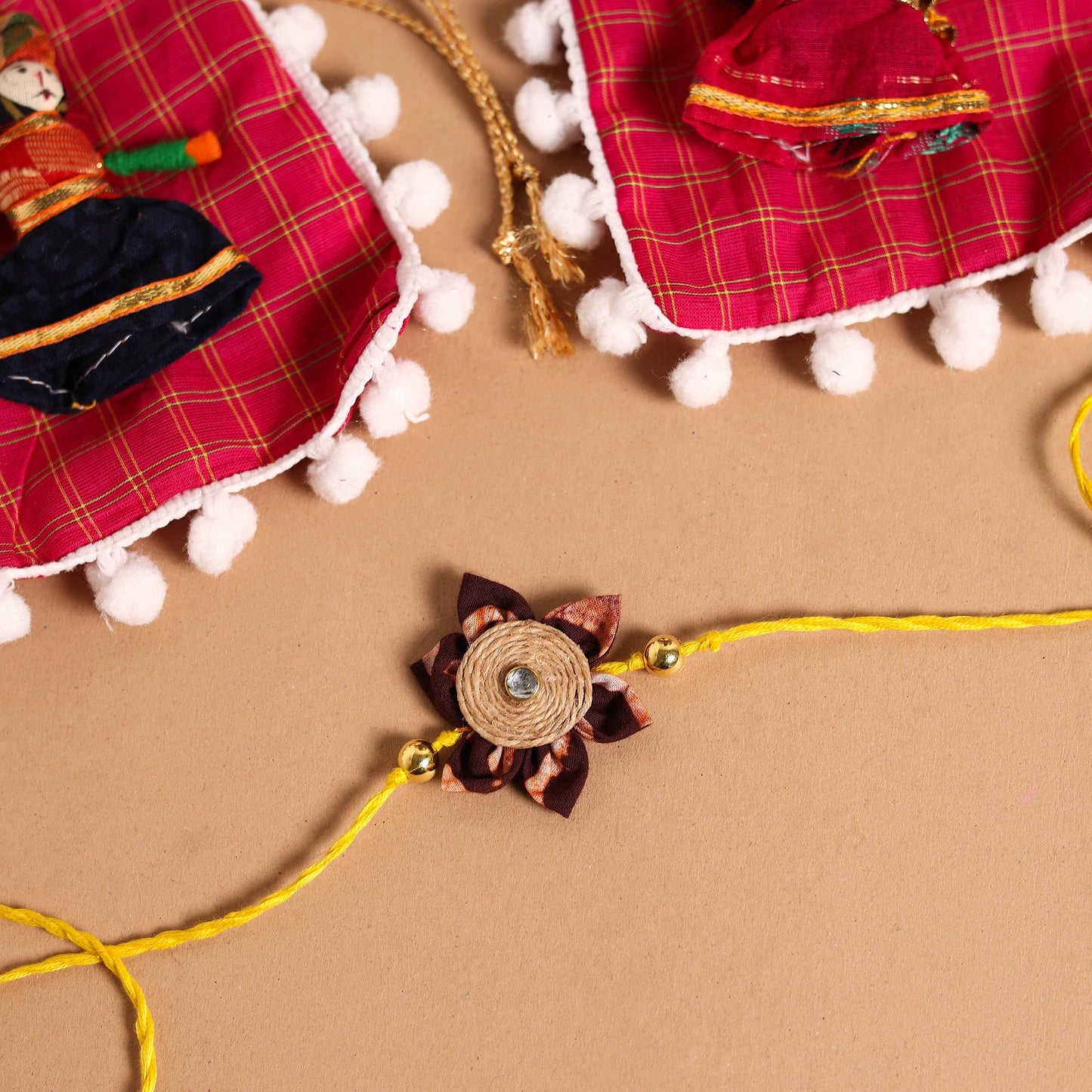 Handmade Fabric Flower Jute Rakhi & Lumba Set