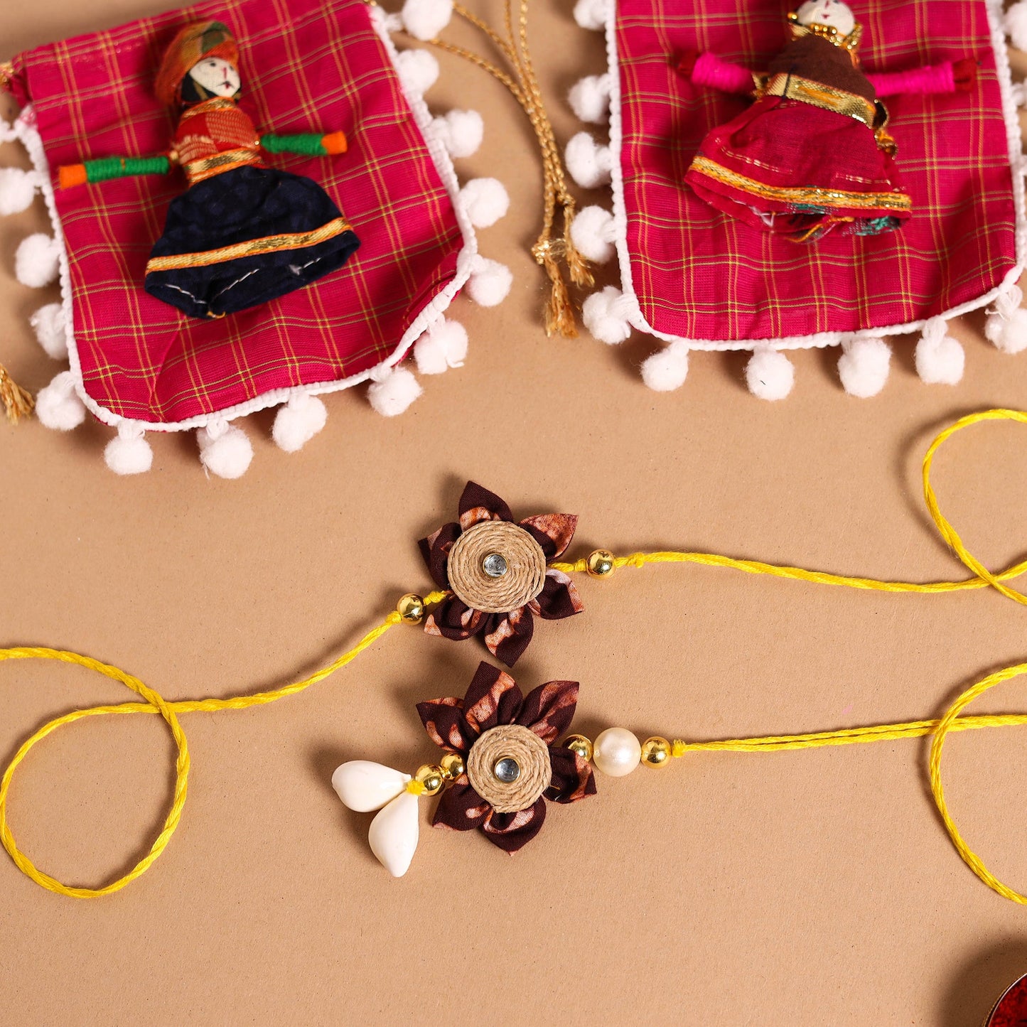 Handmade Fabric Flower Jute Rakhi & Lumba Set