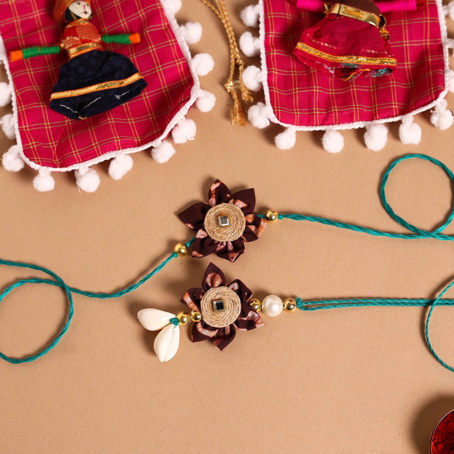 Handmade Fabric Flower Jute Rakhi & Lumba Set