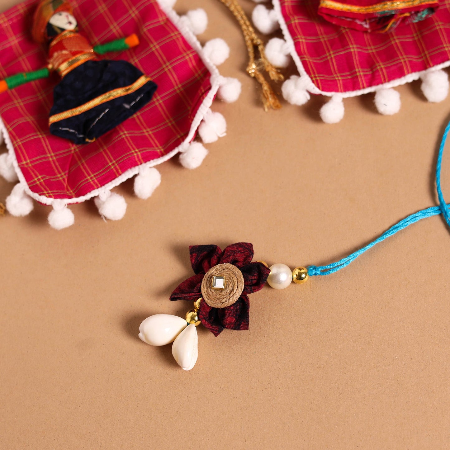 Handmade Fabric Flower Jute Rakhi & Lumba Set